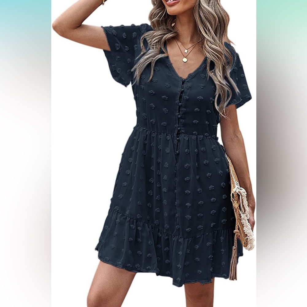 Black V-Neck Short Sleeve Ruffle Loose Breasted Solid Top Mini
